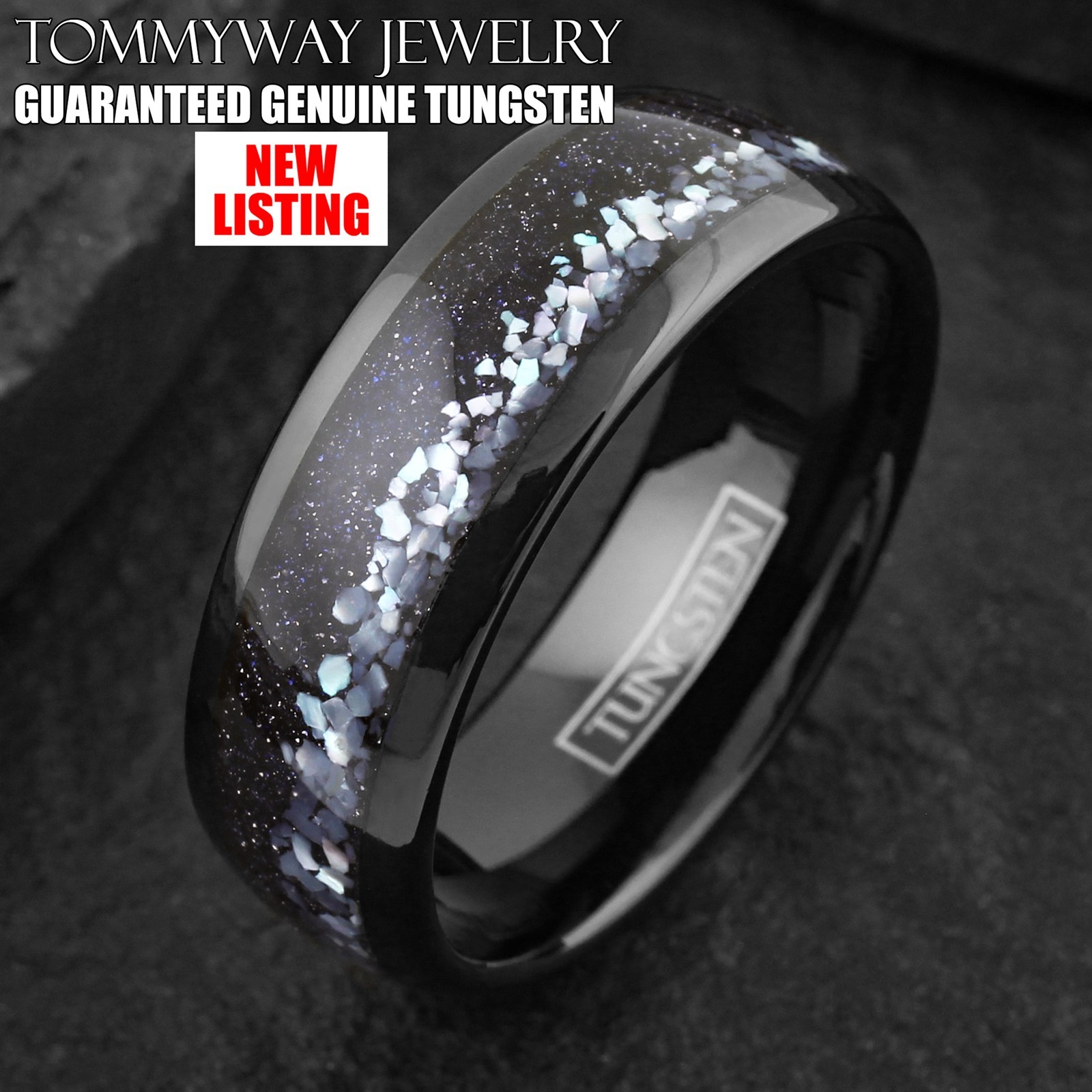 Black Tungsten Carbide Men's Mother of Pearl & Blue Galaxy Sandstone Band Ring