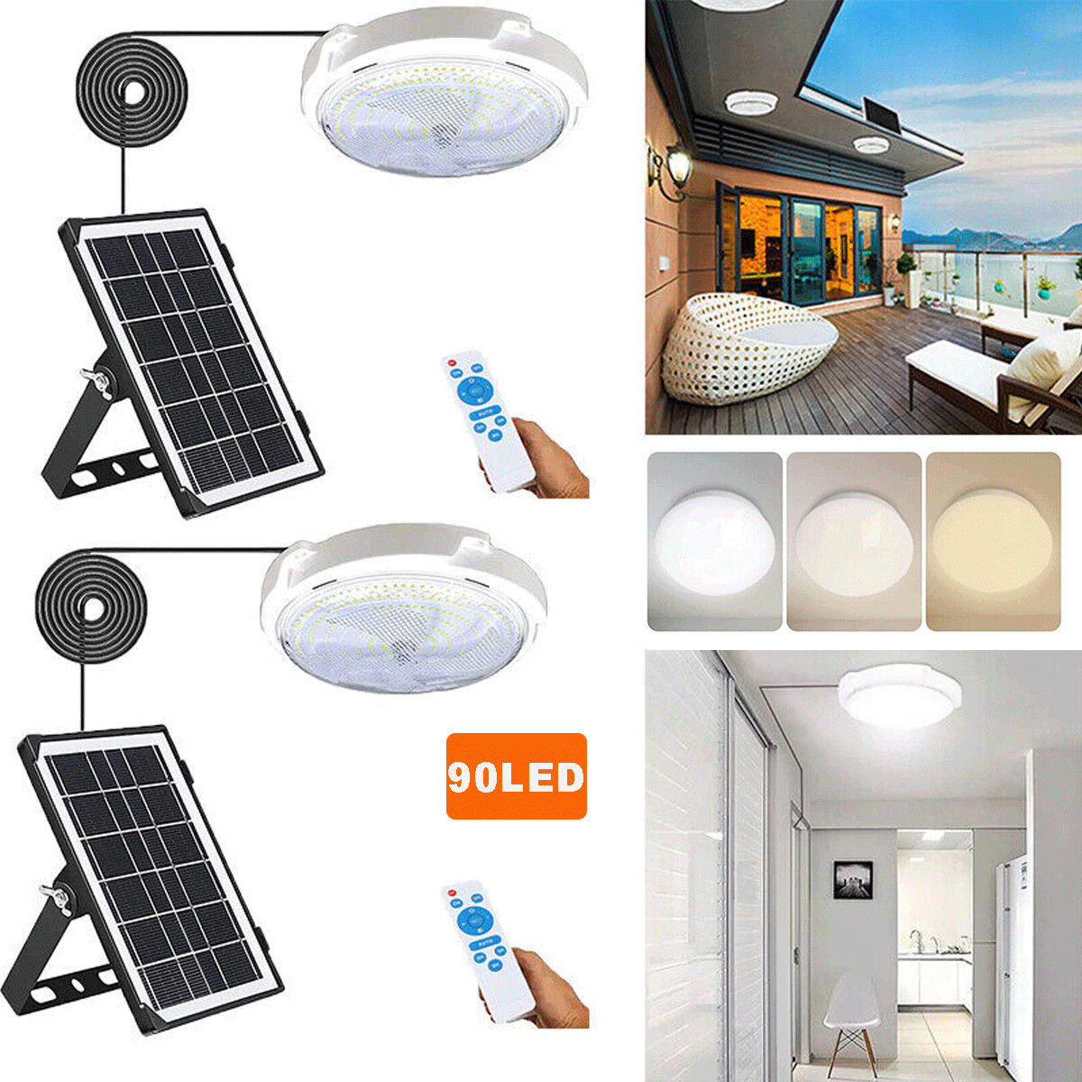 2Pack Solar Powered Ceiling Pendant Light Remote Indoor Outdoor Lamp Waterproof