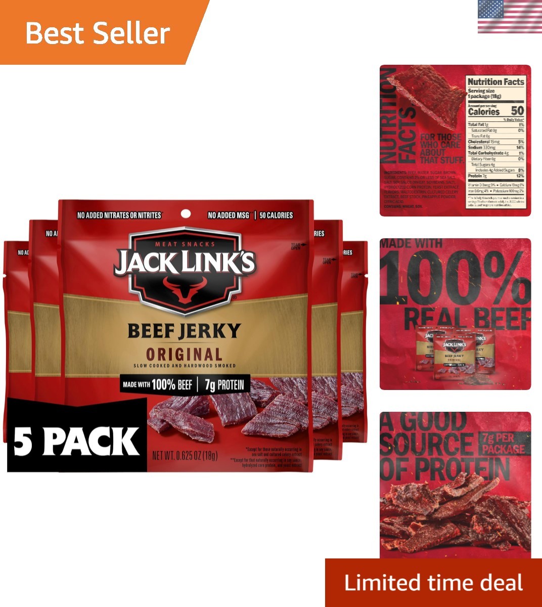 Beef Jerky Multipack - 5 Pack 0.625 oz Bags - Ready to Eat Real Meat Protein ...