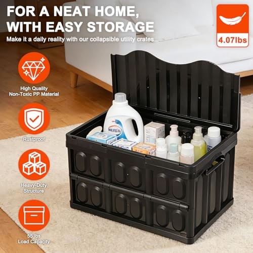 Plastic Collapsible Storage Bins with Lids, | 45L Stackable 45L 1PK ( All Back)