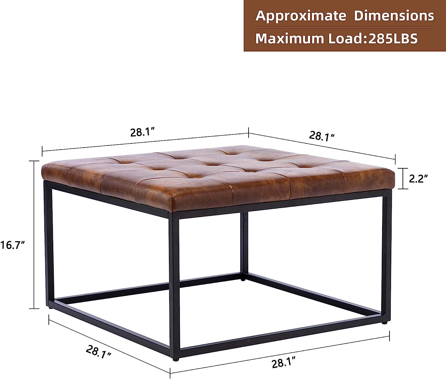 Upholstered Square Ottoman Coffee Table, Modern Tufted Ottoman with Metal Base