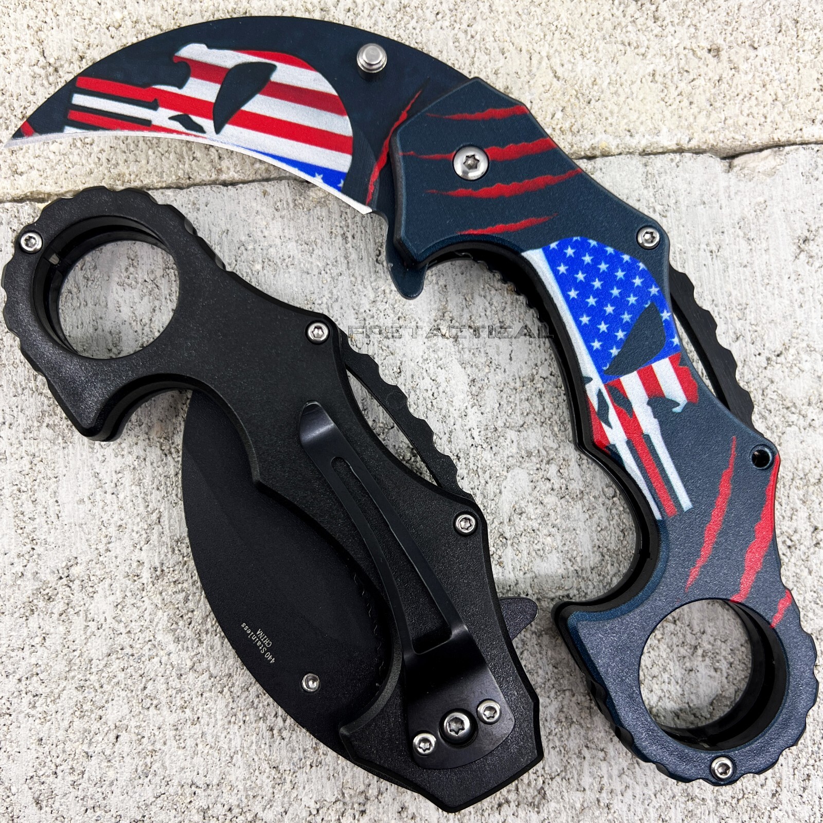 PacSol USA Flag Punisher Skull Stainless Spring Assisted Karambit Knife Black 3"