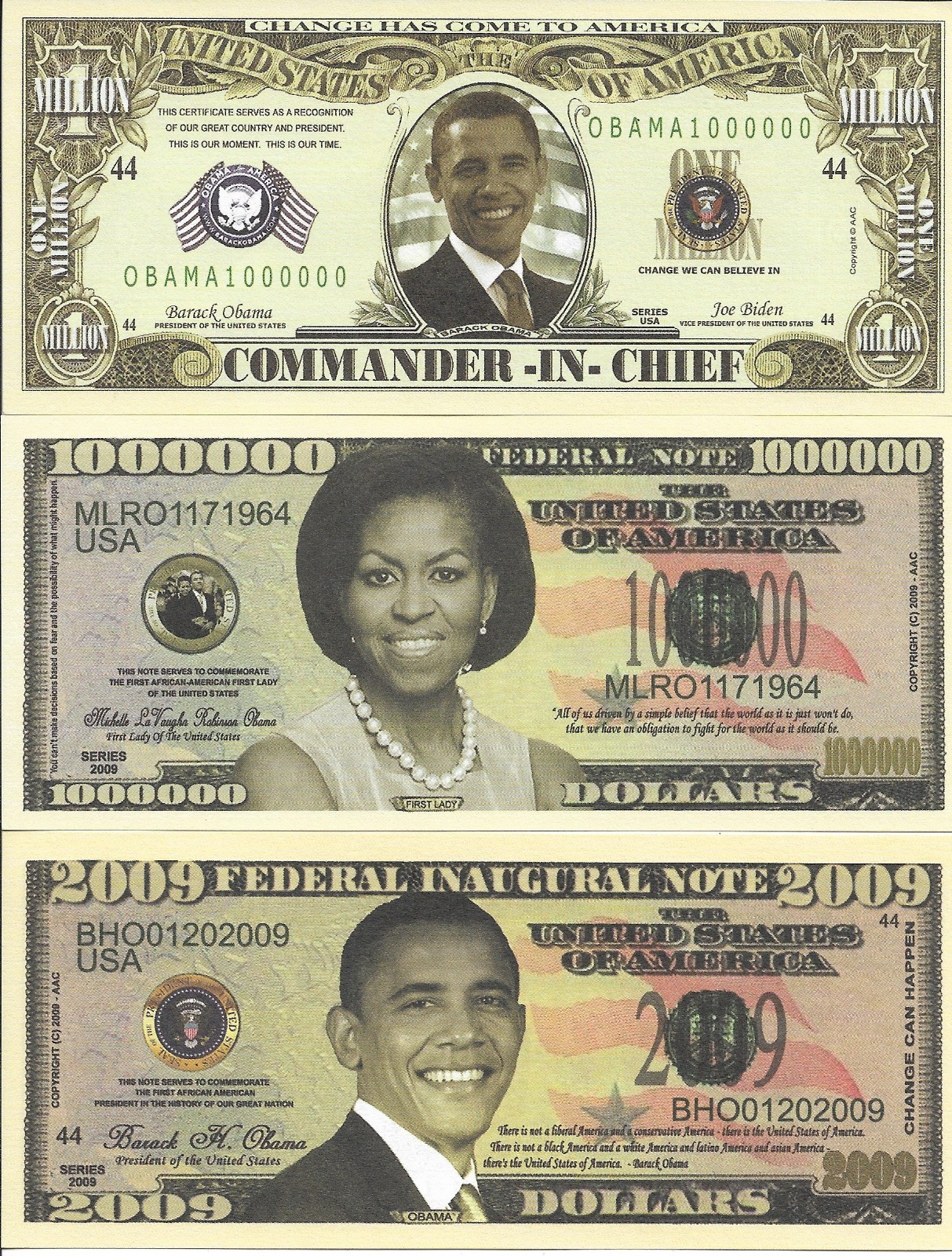 Barack Obama Michelle Obama Dollar Bill Play Funny Money Note + FR SLEEVE & Ship