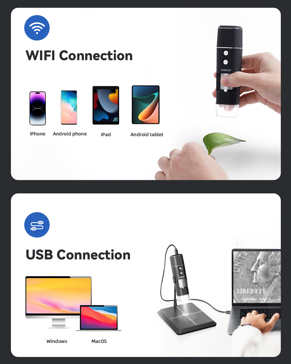 TOMLOV Wireless Digital Microscope 50X-1000X Magnifier WiFi Handheld for iPhone