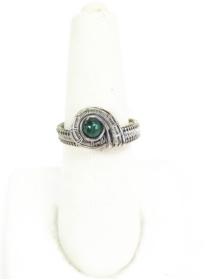 Malachite Adjustable Ring, Woven in Sterling Silver Wire