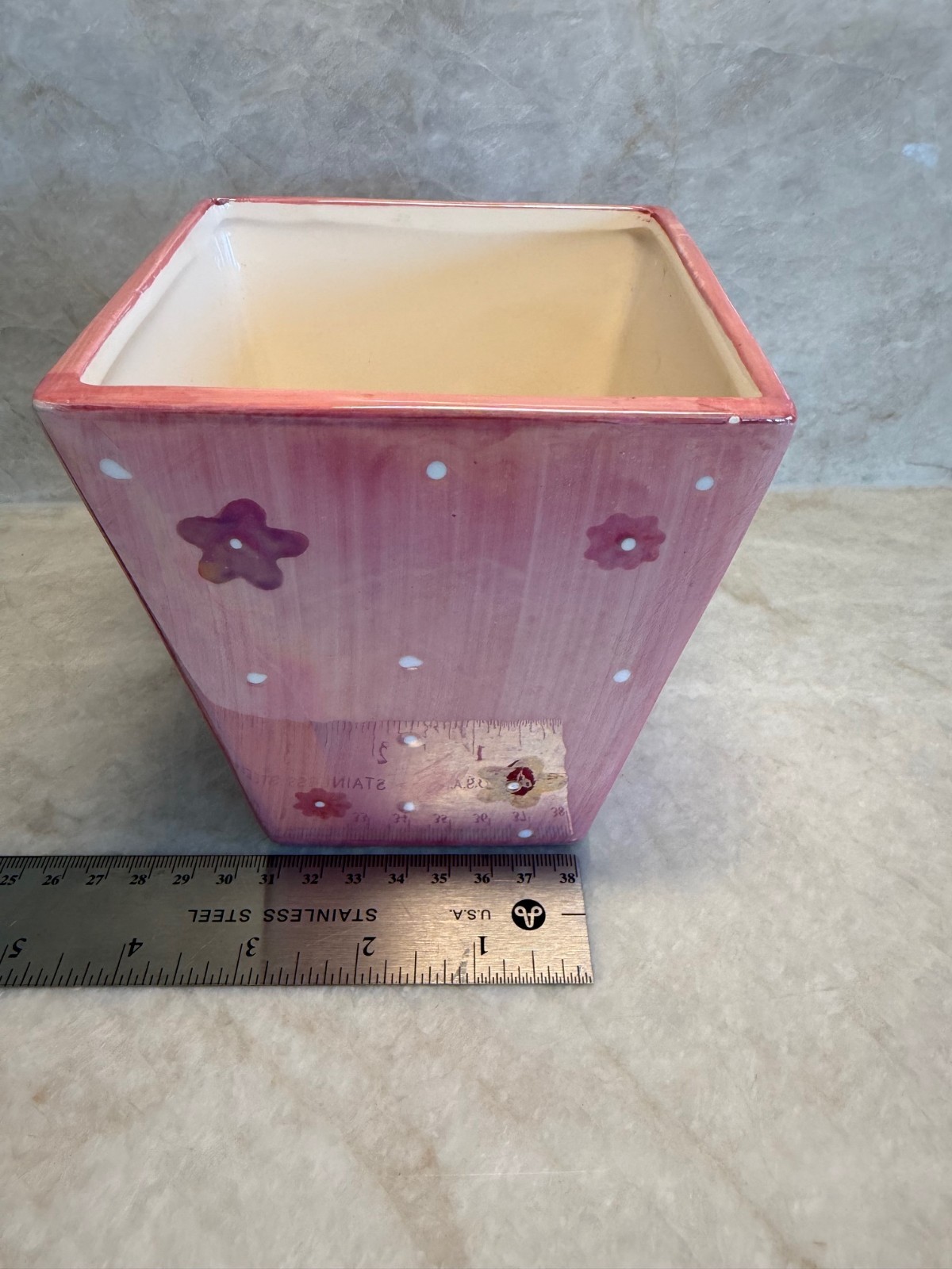 Glazed Ceramic Pink Square Planter Iridescent with flowers (Sh6)