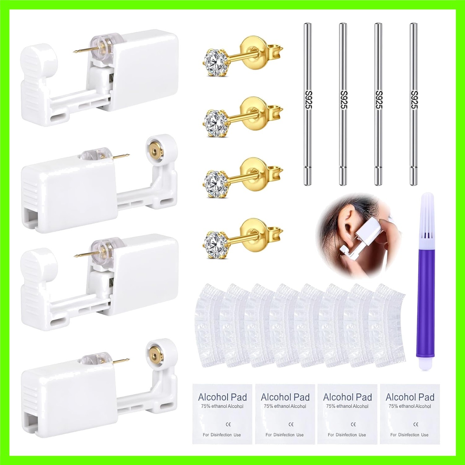 21PCS Gold Ear Piercing Kit,Disposable Ear Piercing Gun Kit with 4 Pcs Self P...