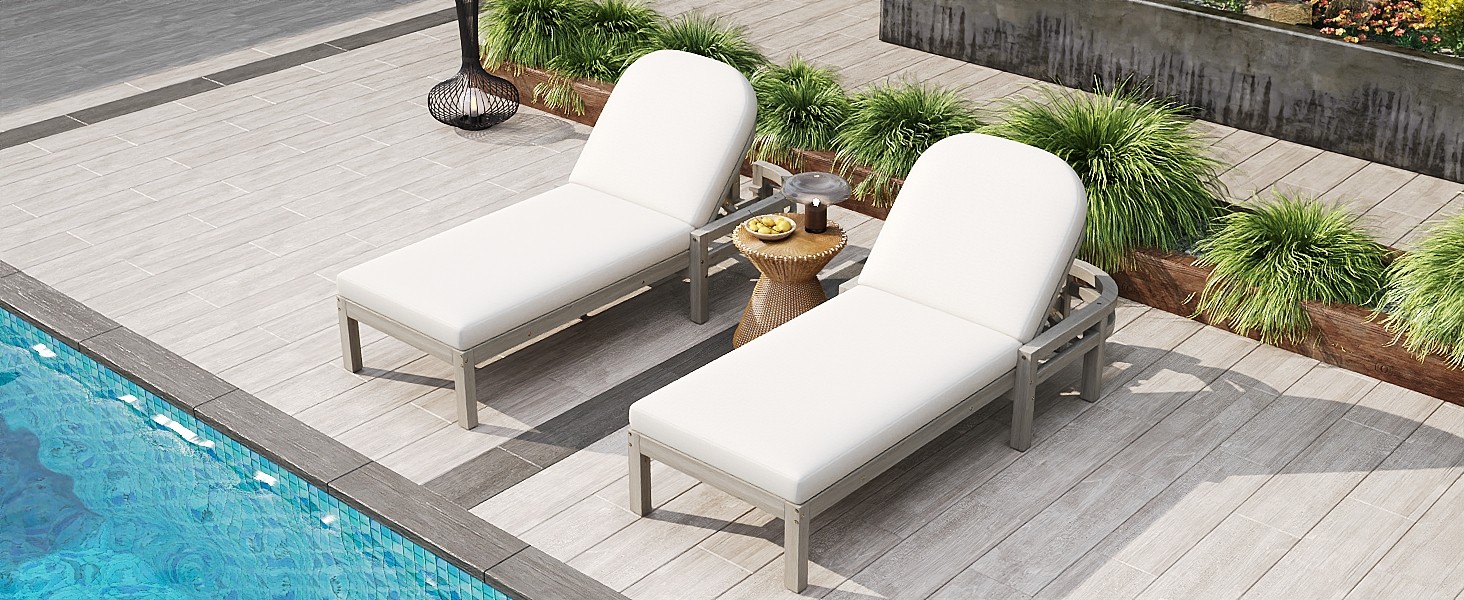 Patio Chaise Lounge Chair 2-Pack, Acacia Wood, Adjustable Backrest, Gray Cushion