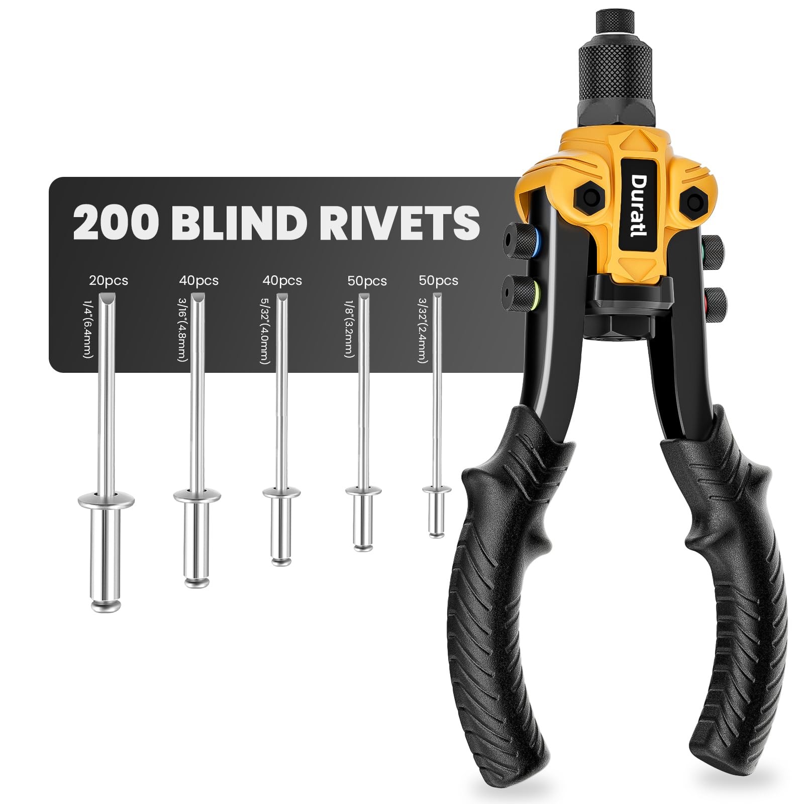 Rivet Gun, 1/4 Pop Rivet Gun Kit with 200 Blind Rivets, 5 Interchangeable Rivet