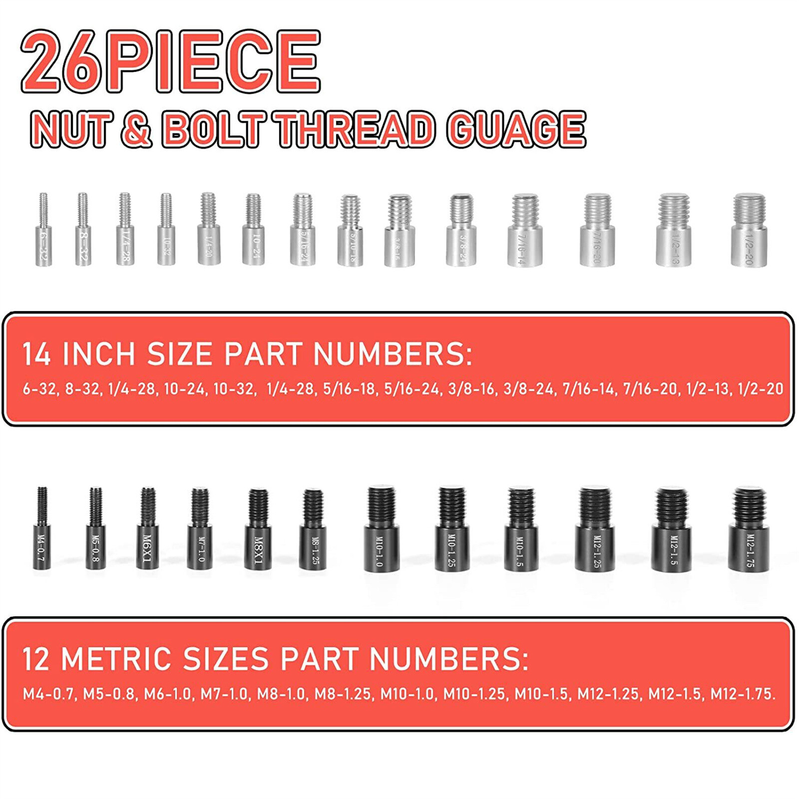 US 44pcs Nut & Bolt Thread Checker Identifier Inch & Metric Thread Gauges W/Box
