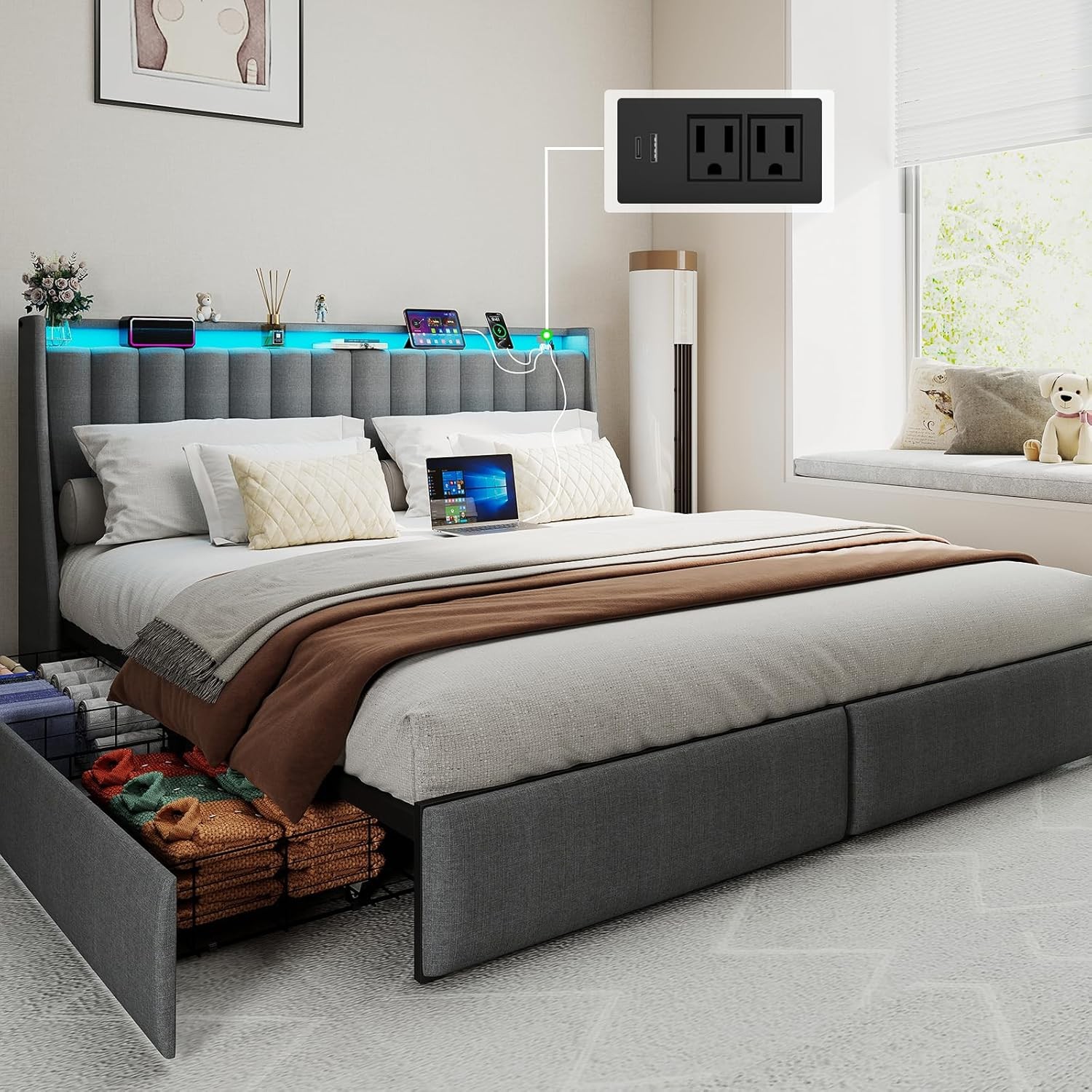 King/Queen/Full Size LED Bed Frame with Charging Station & Upholstered Headboard
