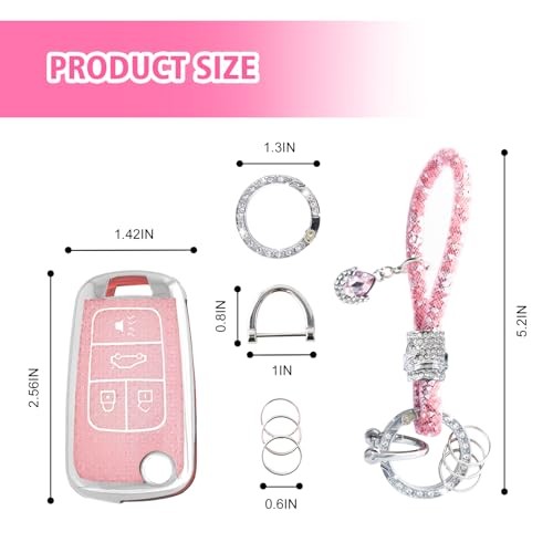 Key Fob Cover with Bling Keychain Fit for Chevy Flip Key, Car 4 Buttons S-pink