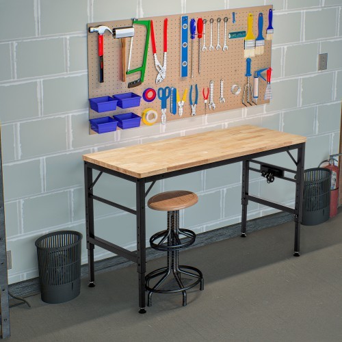 Adjustable Height Workbench 60"L Wood Top Work Bench Table w/ Power Outlets