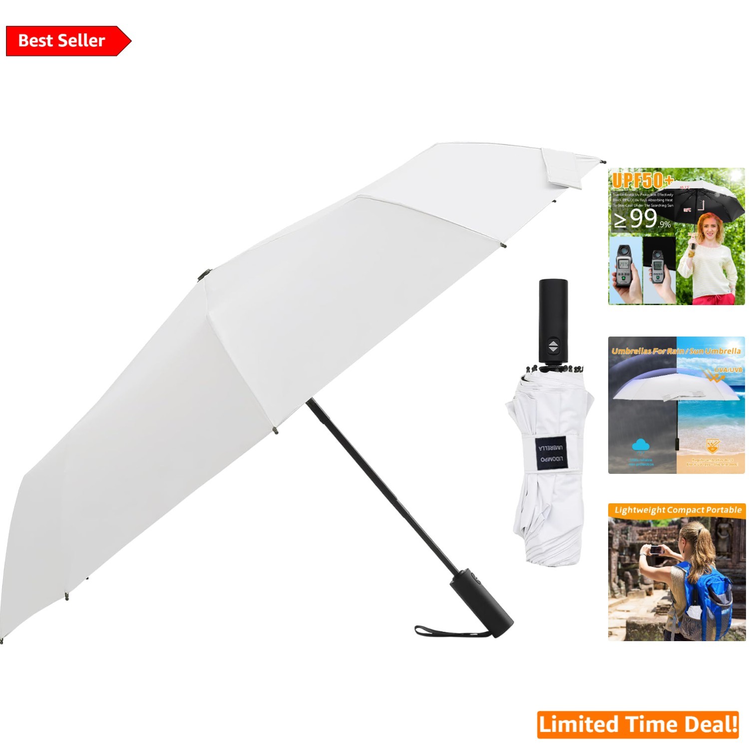 Sun Protection 37-Inch White Compact Travel UV Umbrella