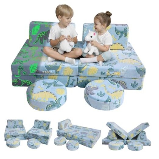 Modular Glow Sofa for Kids – 8-Piece Convertible Glowing Plush Blue Dinosaur