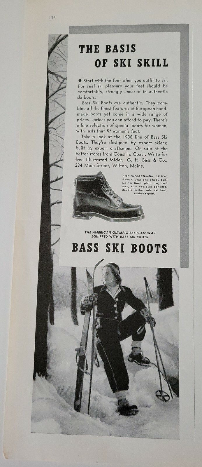 1930 women's Bass ski boots woman skis Is snow skiing vintage fashion ad