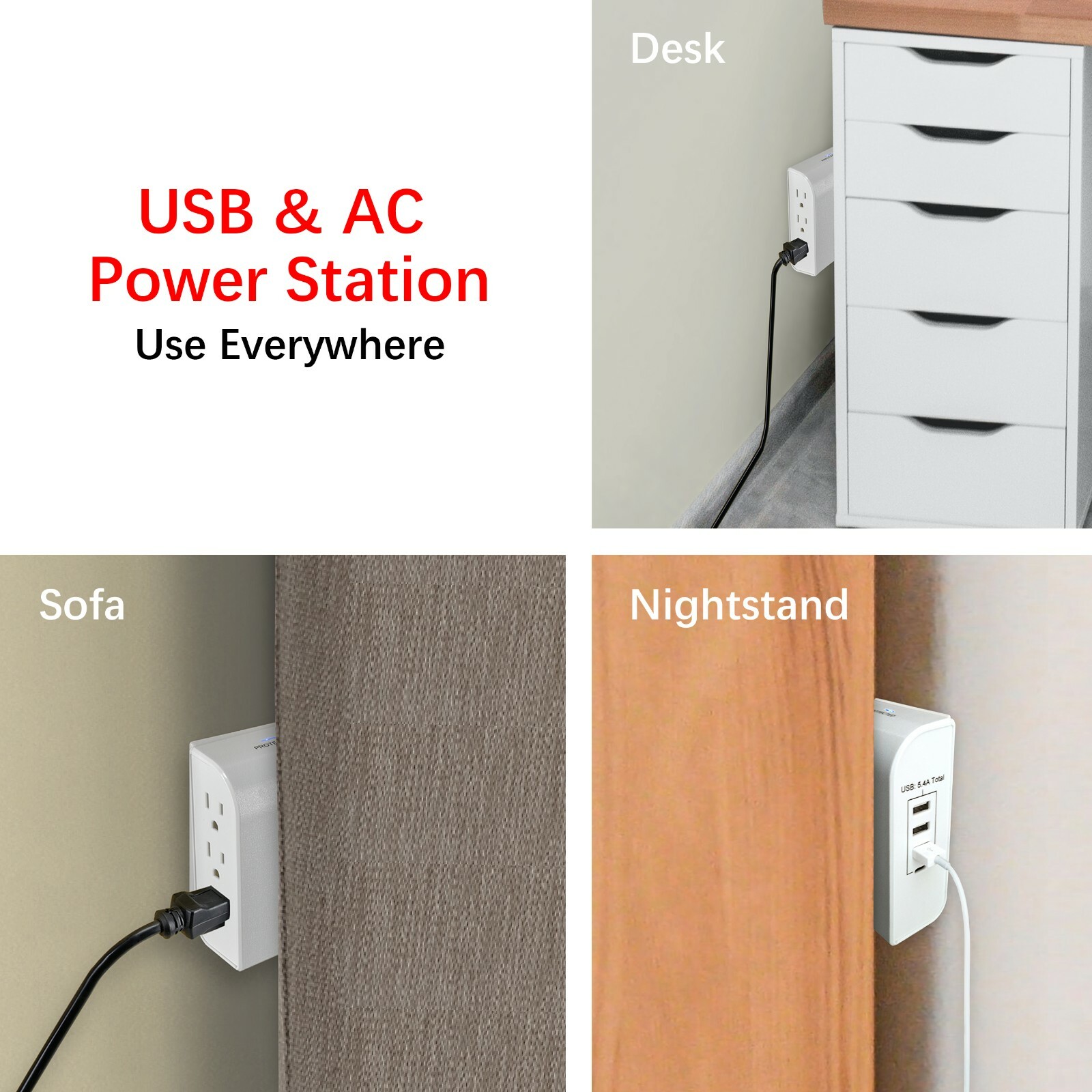 [24 PCS] CP 3 Side-Outlet 1200 Joule Wall-Tap, 3 USB-A, 1 USB-C Ports, CP30009