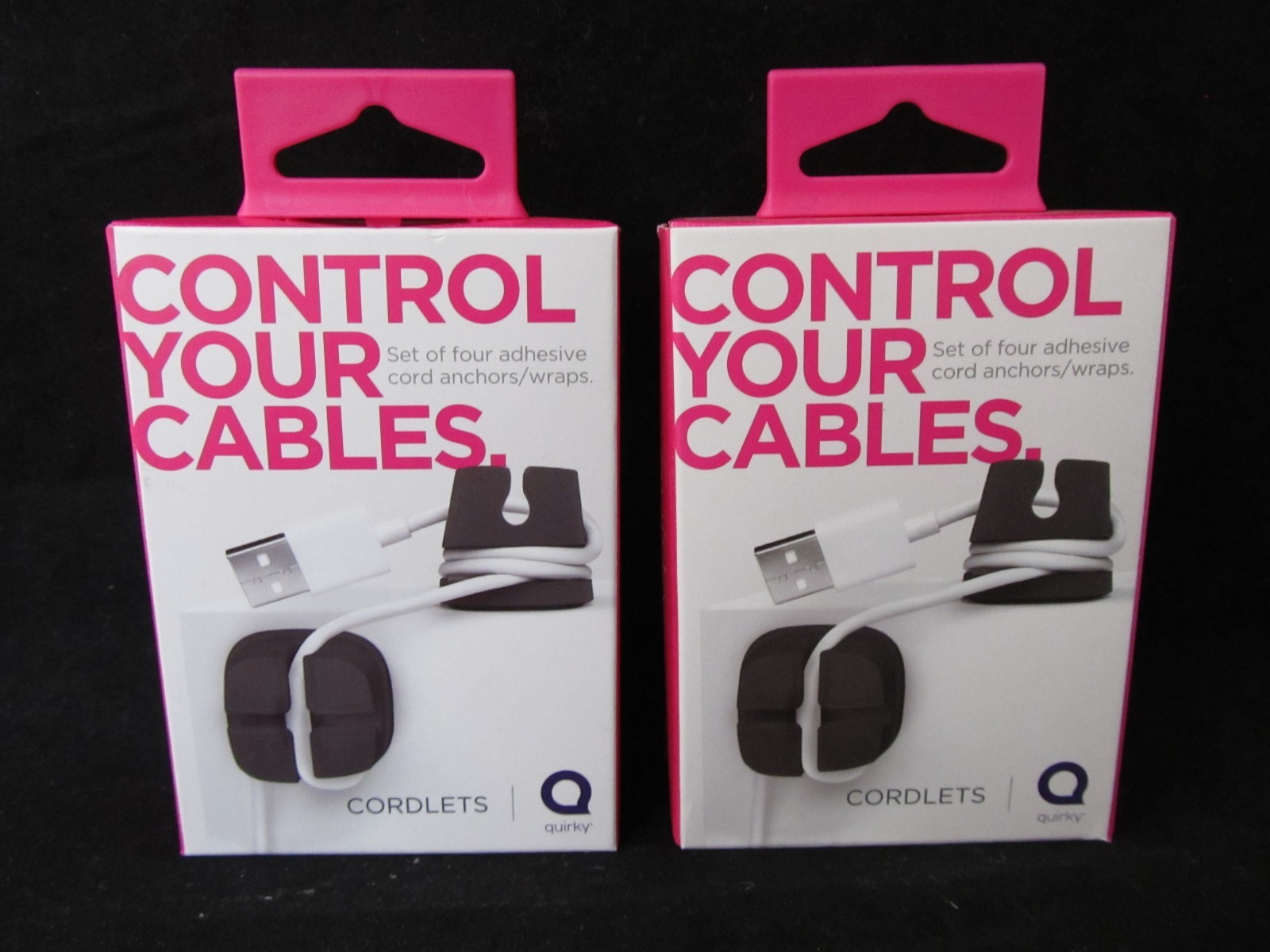 2 QUIRKY CORDLETS Control Your Cables Set of Four Adhesive Cord Anchors/Wraps