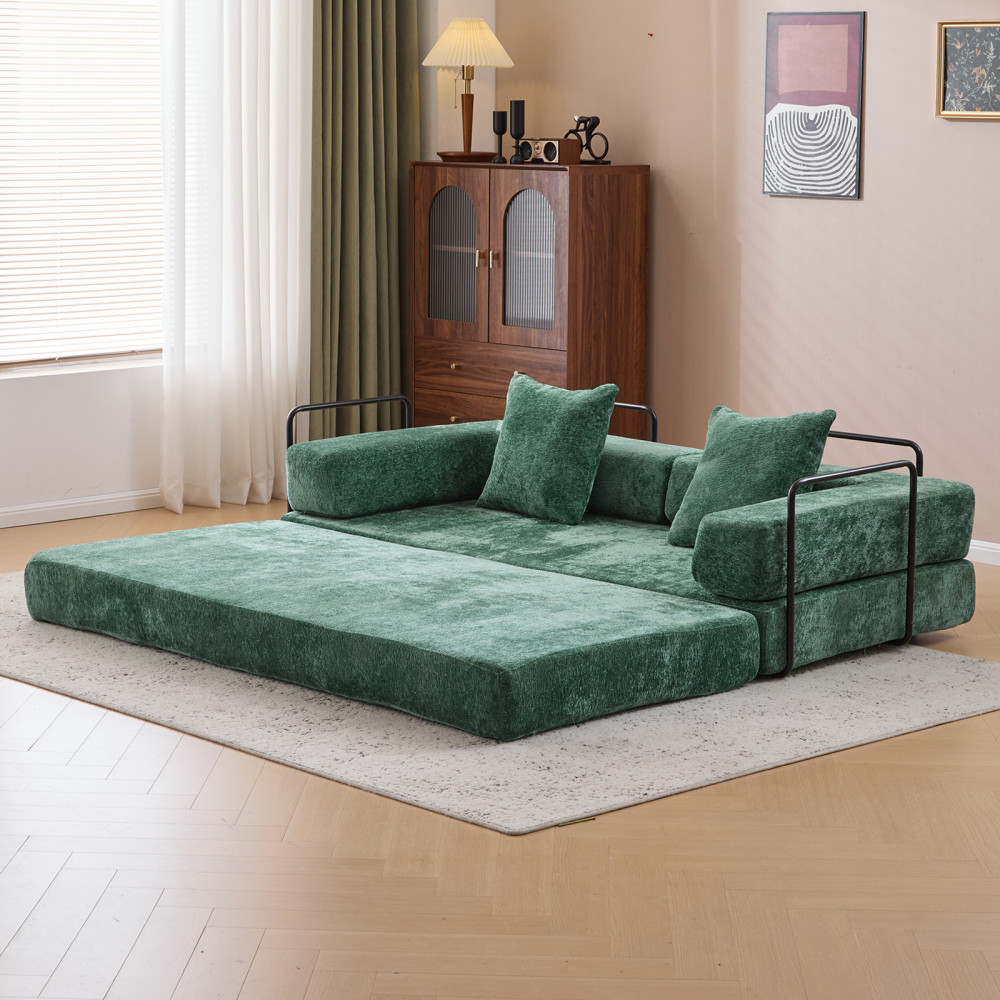 Memory Foam Foldable Sofa Bed 3-Seat Futon for Living Room, Dark Green Chenille