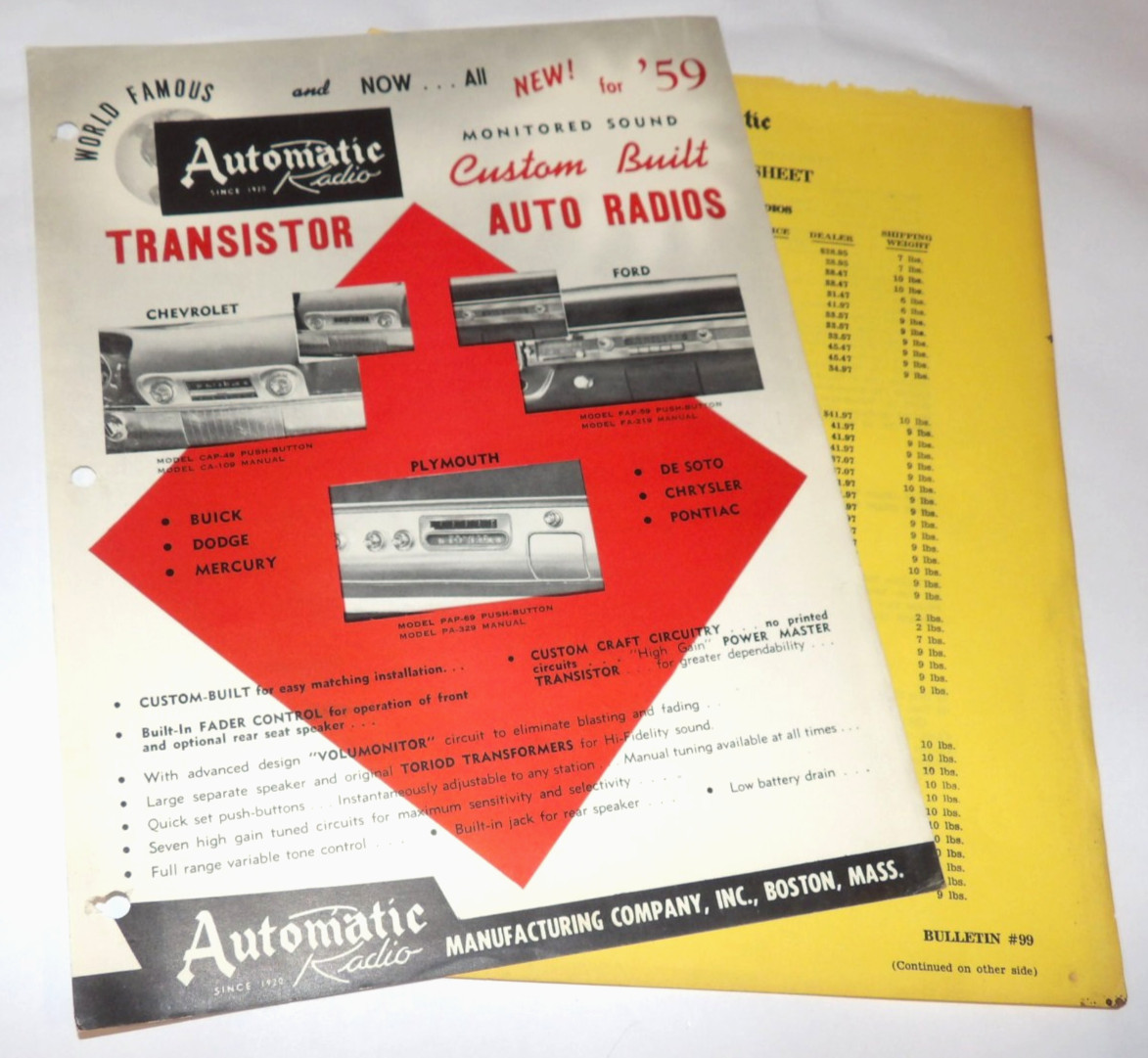 VINTAGE 1959 AUTOMATIC CAR CUSTOM BUILT TRANSISTOR RADIO ADVERTISING SHEET! AUTO