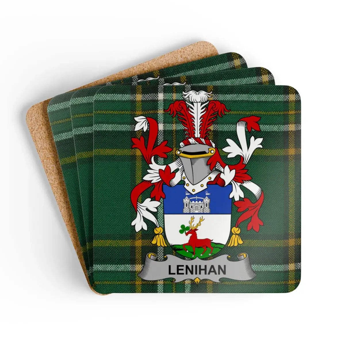 Lenihan Irish Family Crest Tartan Coaster Set