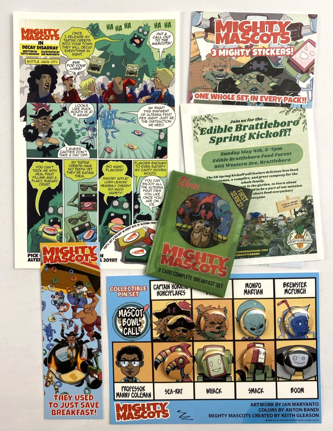Mighty Mascots Comic Merch Lot – Pins, Stickers & Trading Cards Collection