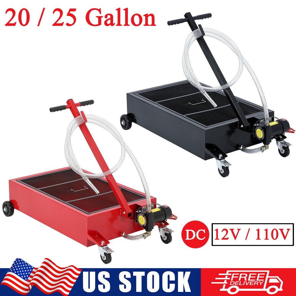 20/25 Gallon Oil Drain Pan Low Profile Dolly w/ Electric Pump & Wheels Car Truck