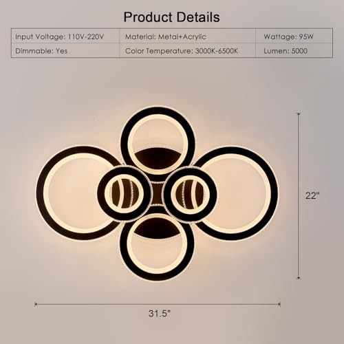 Modern LED Ceiling Light 6 Rings Flush Mount Ceiling Light with Round Black