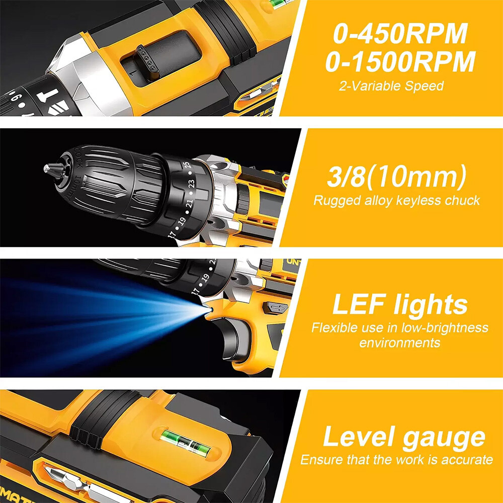 21V Cordless Hammer Drill Set Electric Impact Driver Screwdriver with 2 Battery