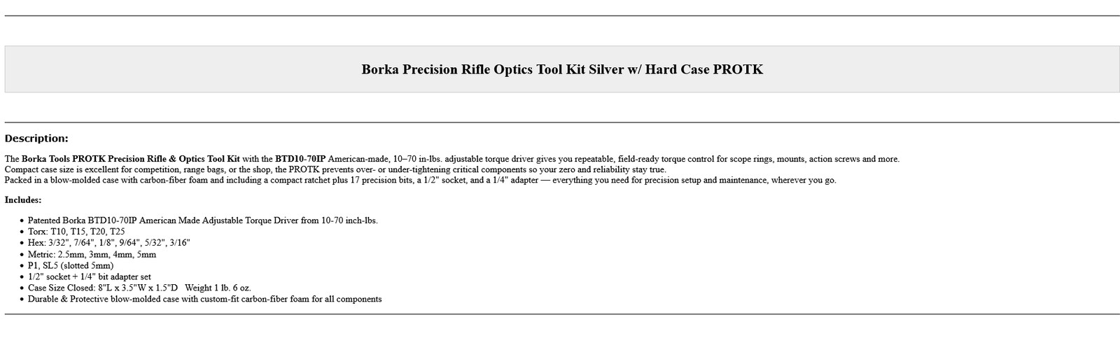 Borka Precision Rifle Optics Tool Kit Silver w/ Hard Case PROTK