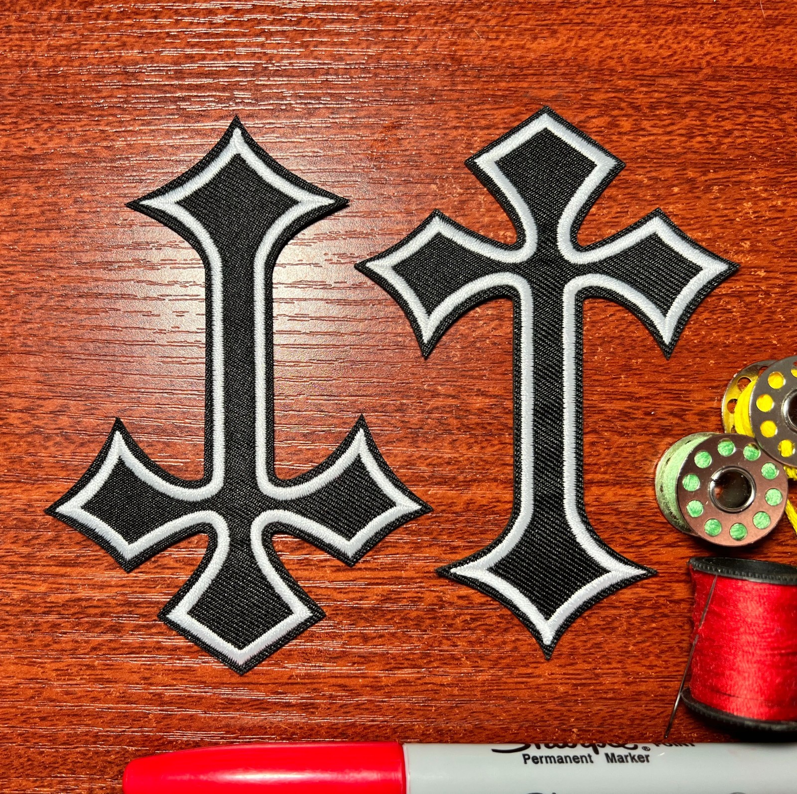 Cross Patch Black White 2 Pieces Religious Symbols Embroidered Iron On 4.25x3"