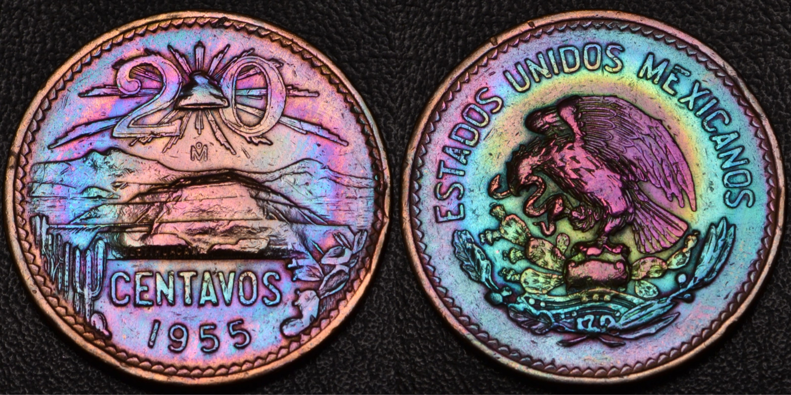 1955 Mexico 20 Centavos (TYPE 1) RAINBOW TONING OBV & REV (L60-28)