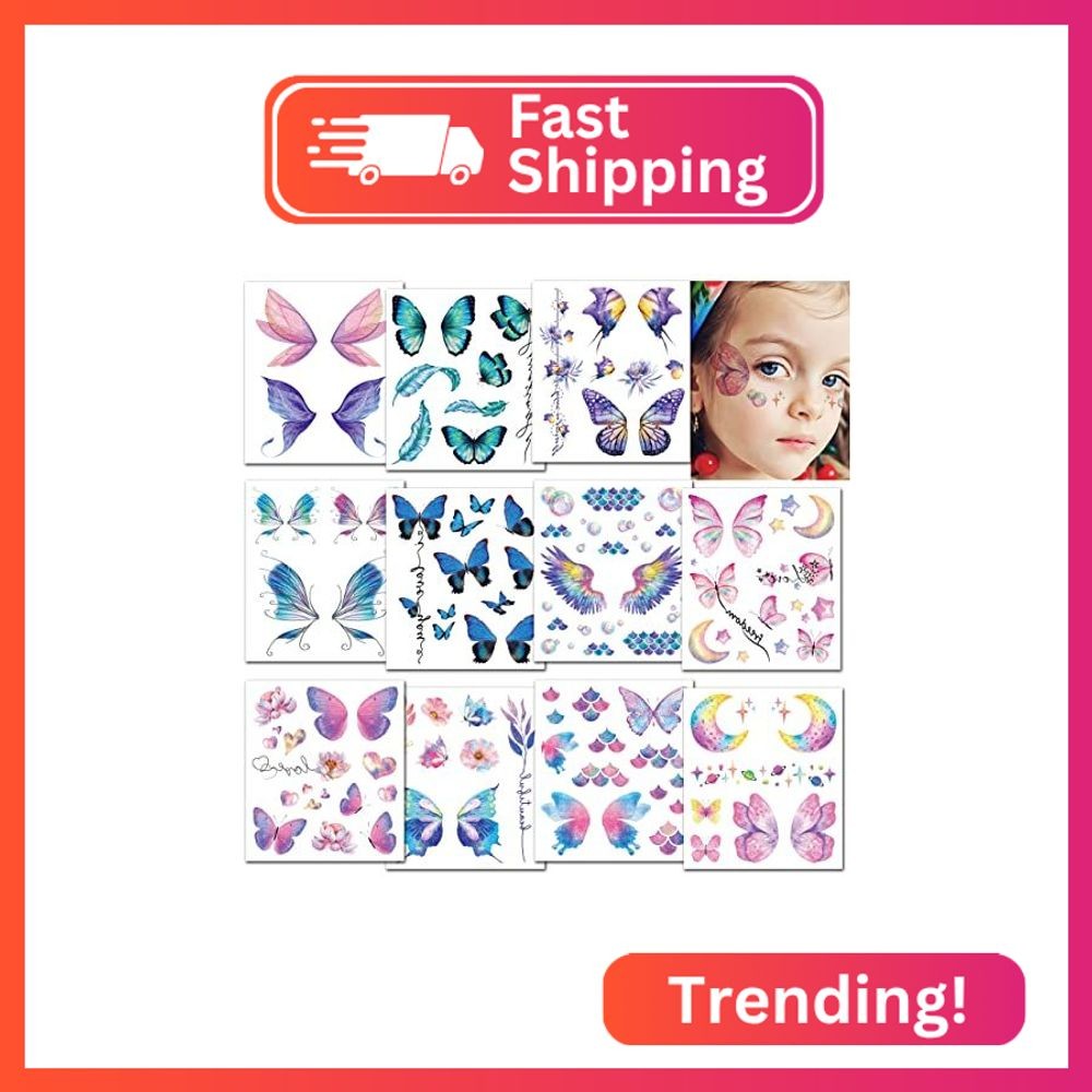 CHARLENT Glitter Butterfly Tattoos for Girls Women - 12 Sheets Glitter Butterfly