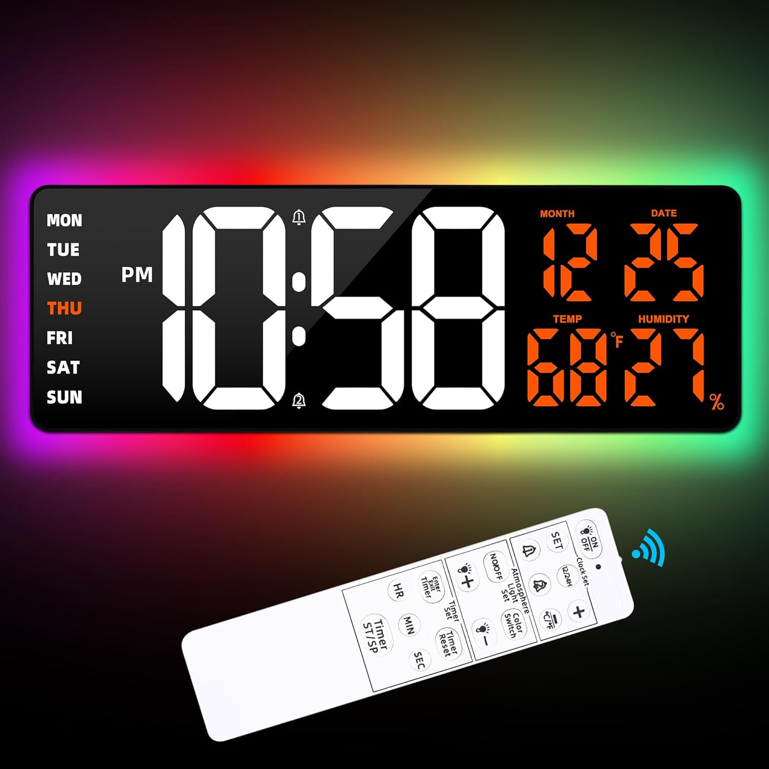 Reloj Digital Pared Grande 17.3 LED Numeros Grandes 8 Colores Temporizador Aula
