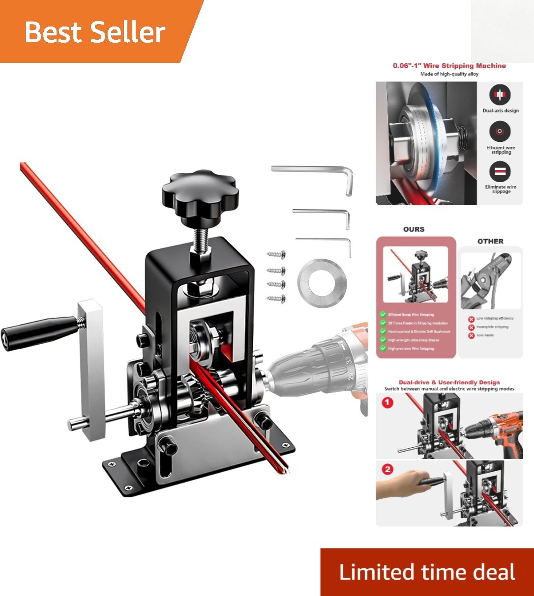 Versatile Hand Crank and Drill-Powered Wire Stripper for Scrap Recycling