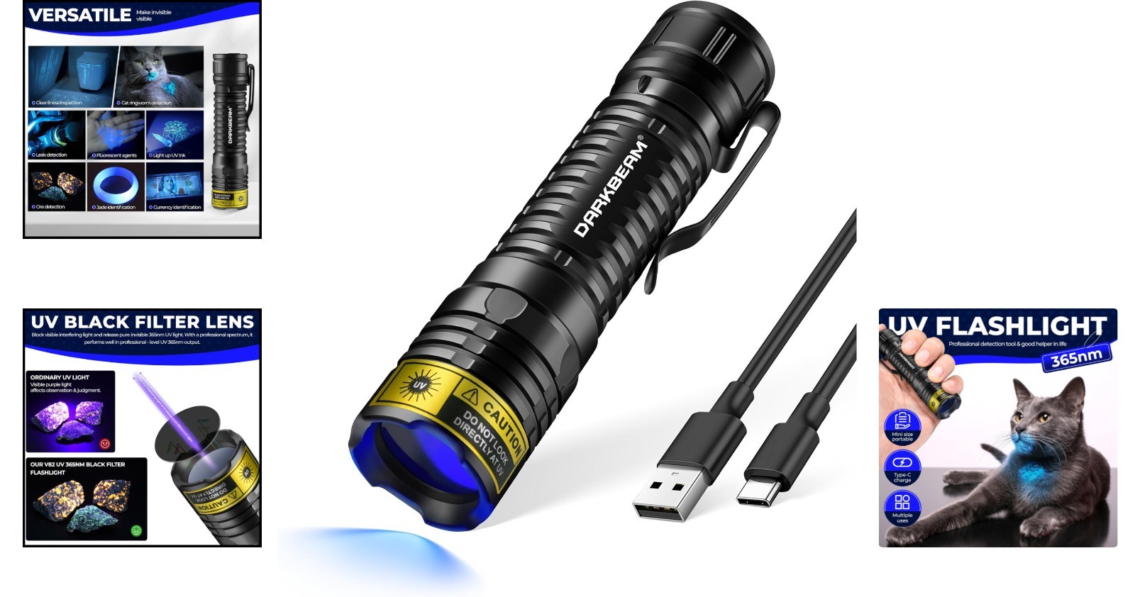 UV Black Light Flashlight Mini 365Nm - Rechargeable USB Strong Ultraviolet LED