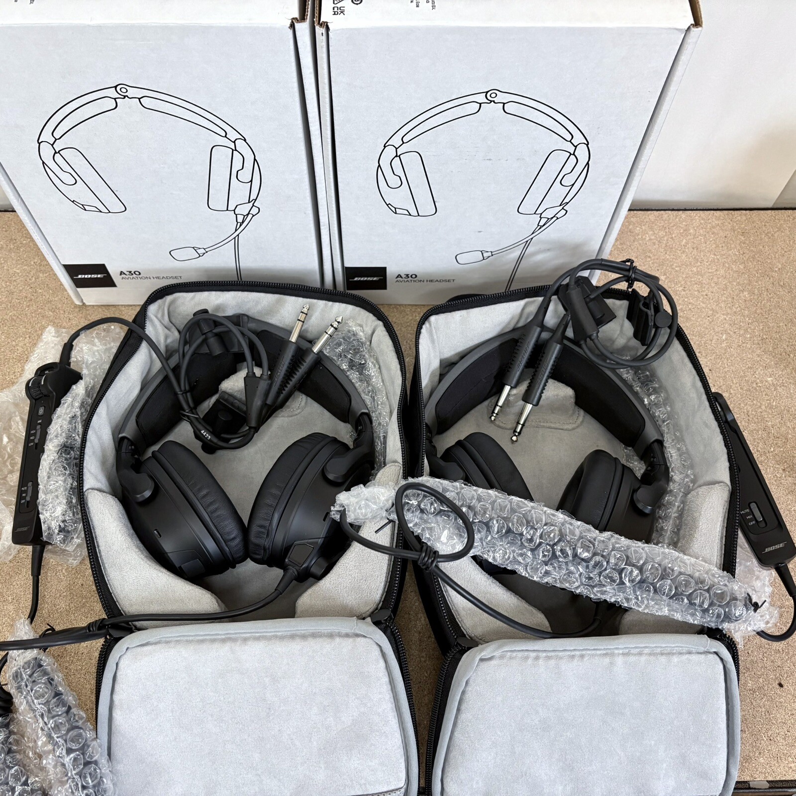 2x New Bose A30 Aviation Headsets w/ Dual GA Plugs, Coiled Cable, No Bluetooth