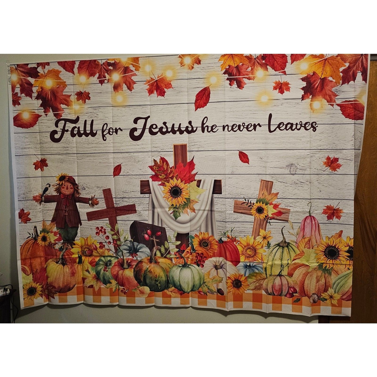 "Fall for JESUS He never leaves" 5'x7' backdrop.