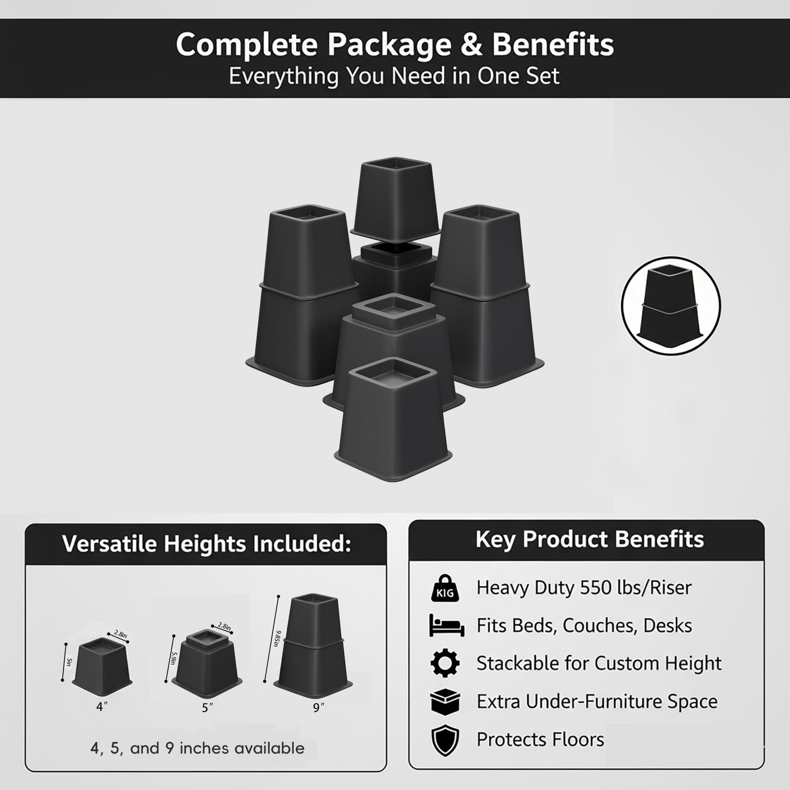 8 Pack Black Bed Furniture Riser 4 5 9 Inch Versatile Heavy Duty Stackable
