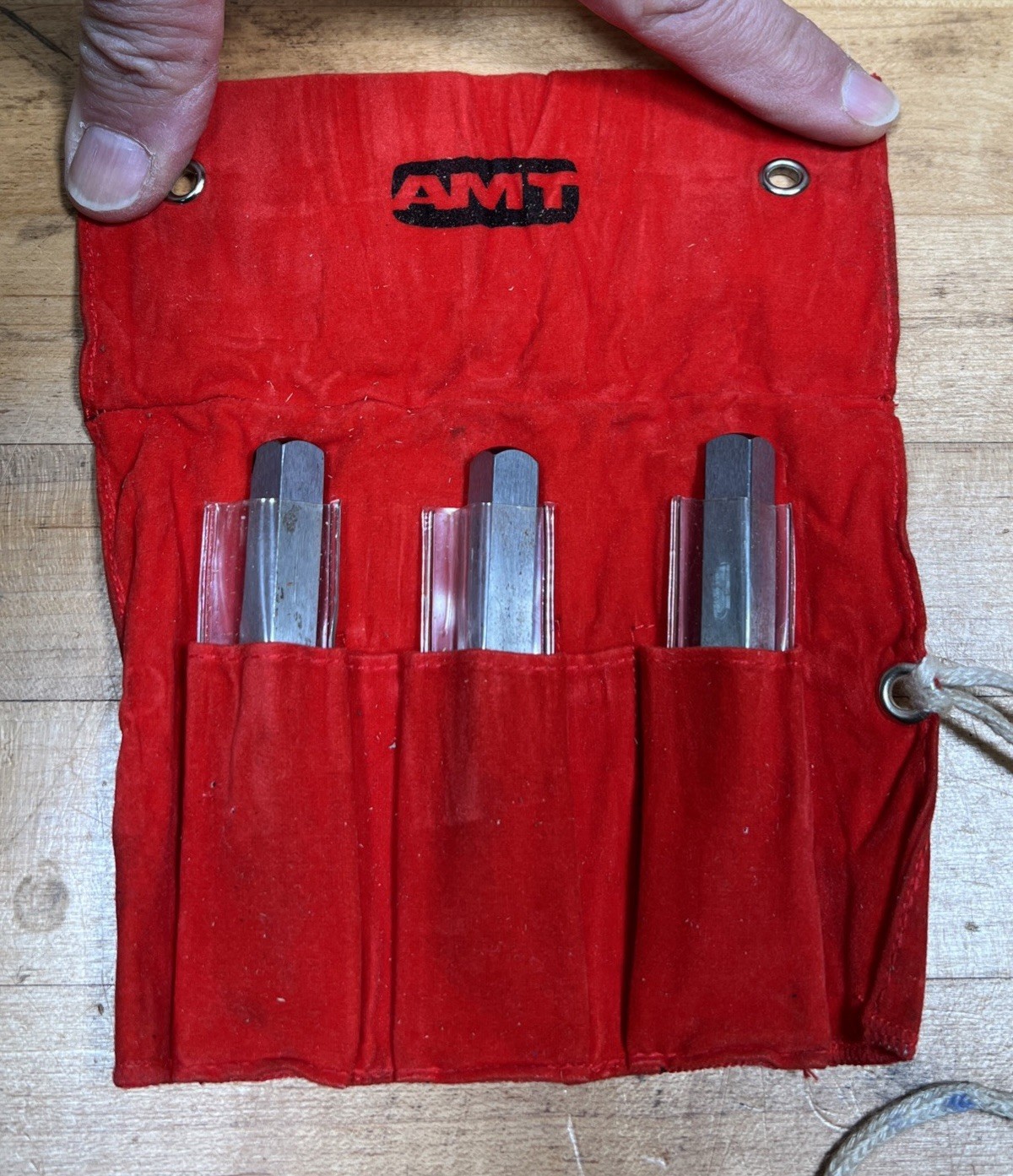 Vintage AMT Wood Chisels Set of 3 in Red Velvet Pouch - Woodworking Lathe Tools