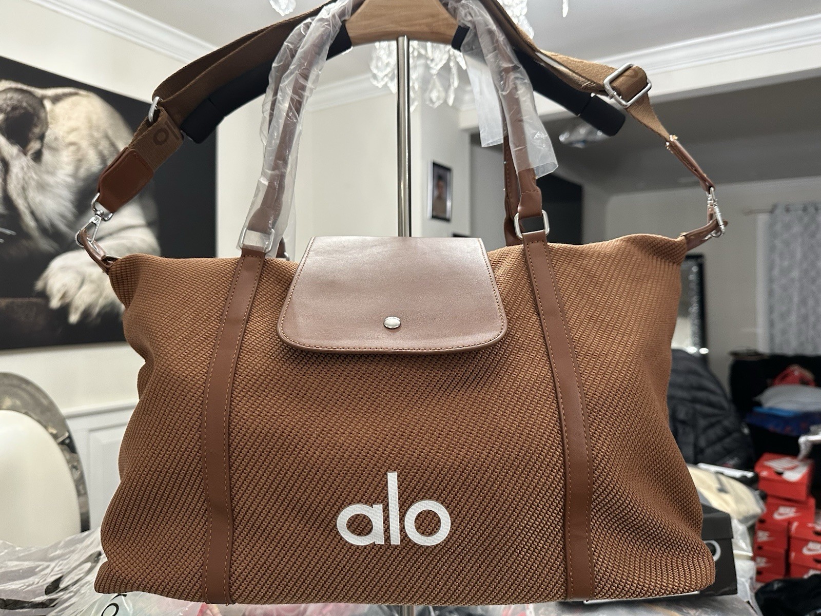 alo Brown Grip tote  bag zip Button Closure Adjustable Strap Logo