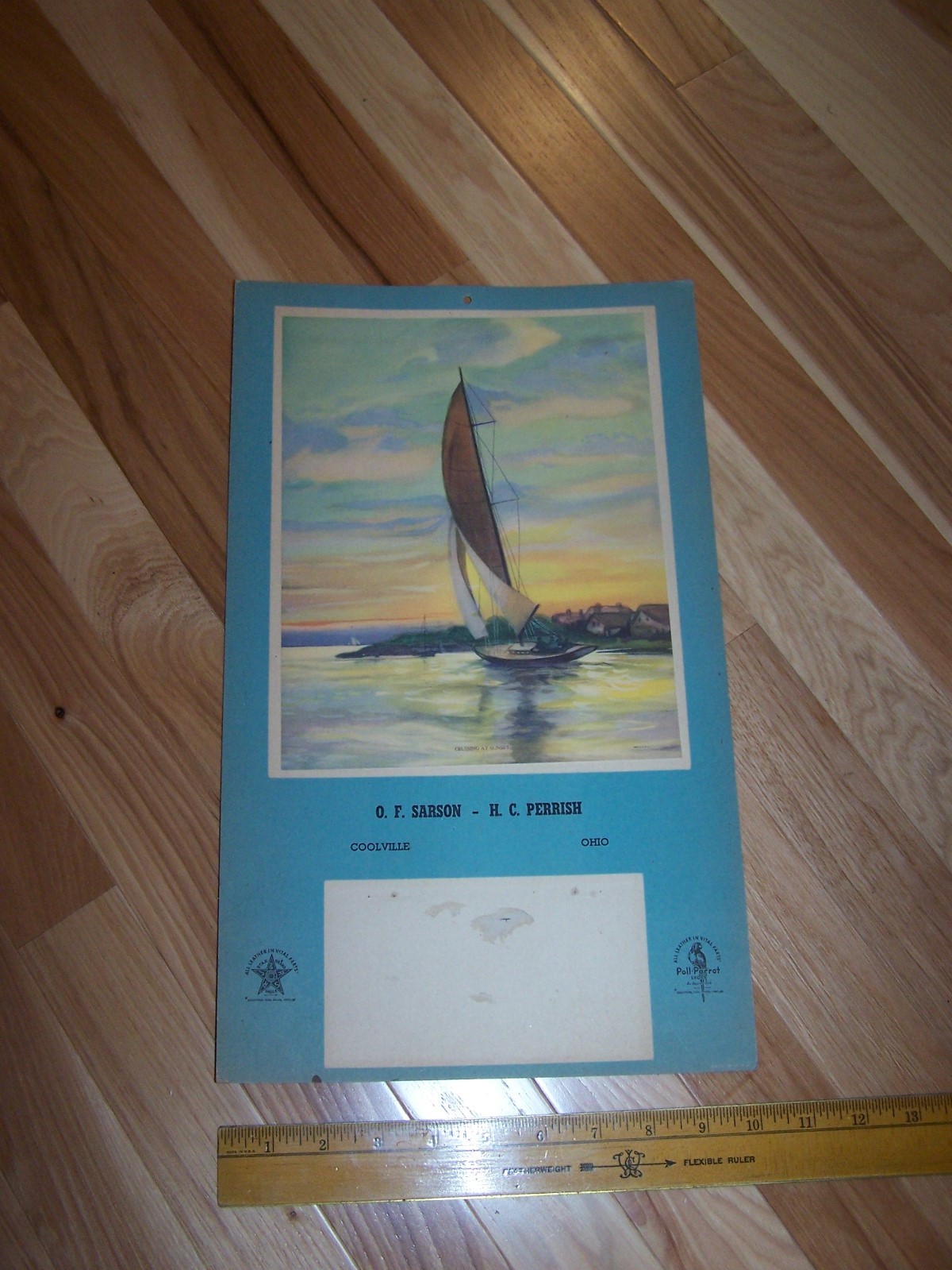 Old O.F. SARSON H.C. PERRISH Calendar Back COOLVILLE OHIO Star Poll Parrot Shoes