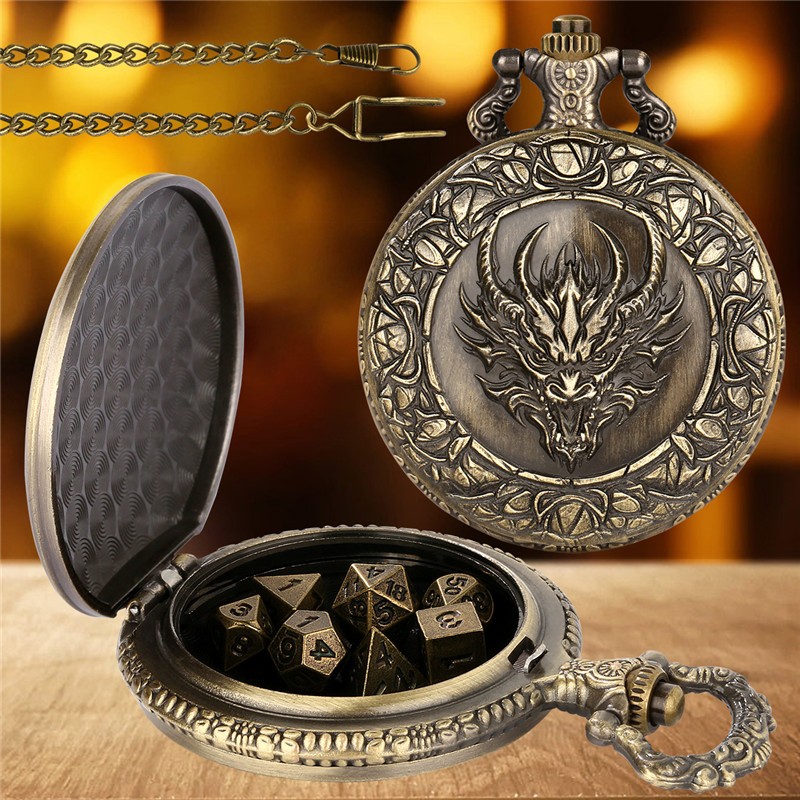 7pcs Solid Metal Polyhedral DND Dice D4-D20 in Dragon Engraved Pocket Watch Case