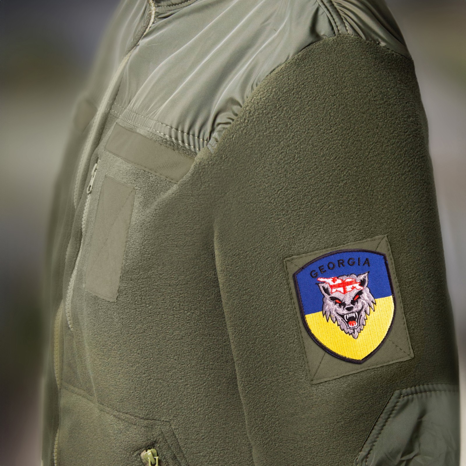 Georgia – Wolf Over Ukrainian Flag Patch 8х10 cm Shield Shape Hook Backing
