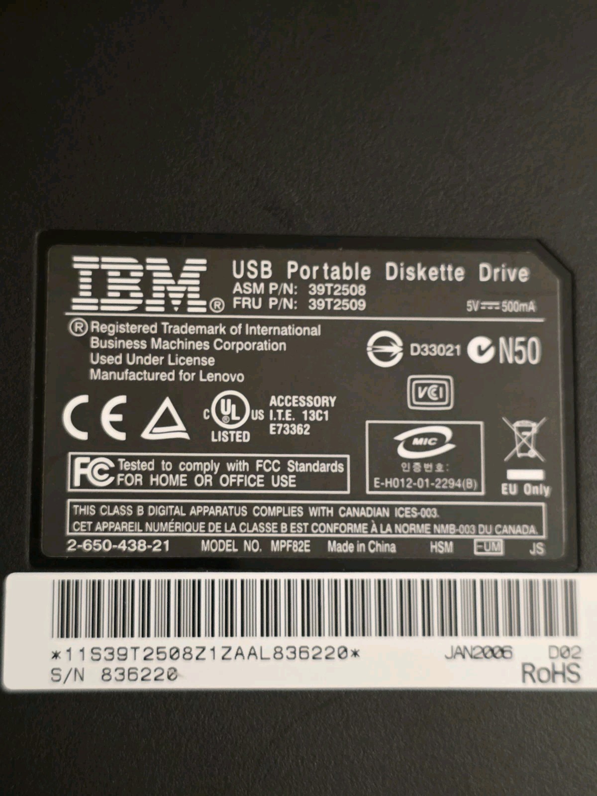 IBM USB Portable Diskette Drive Floppy Disk 3.5” MPF82E