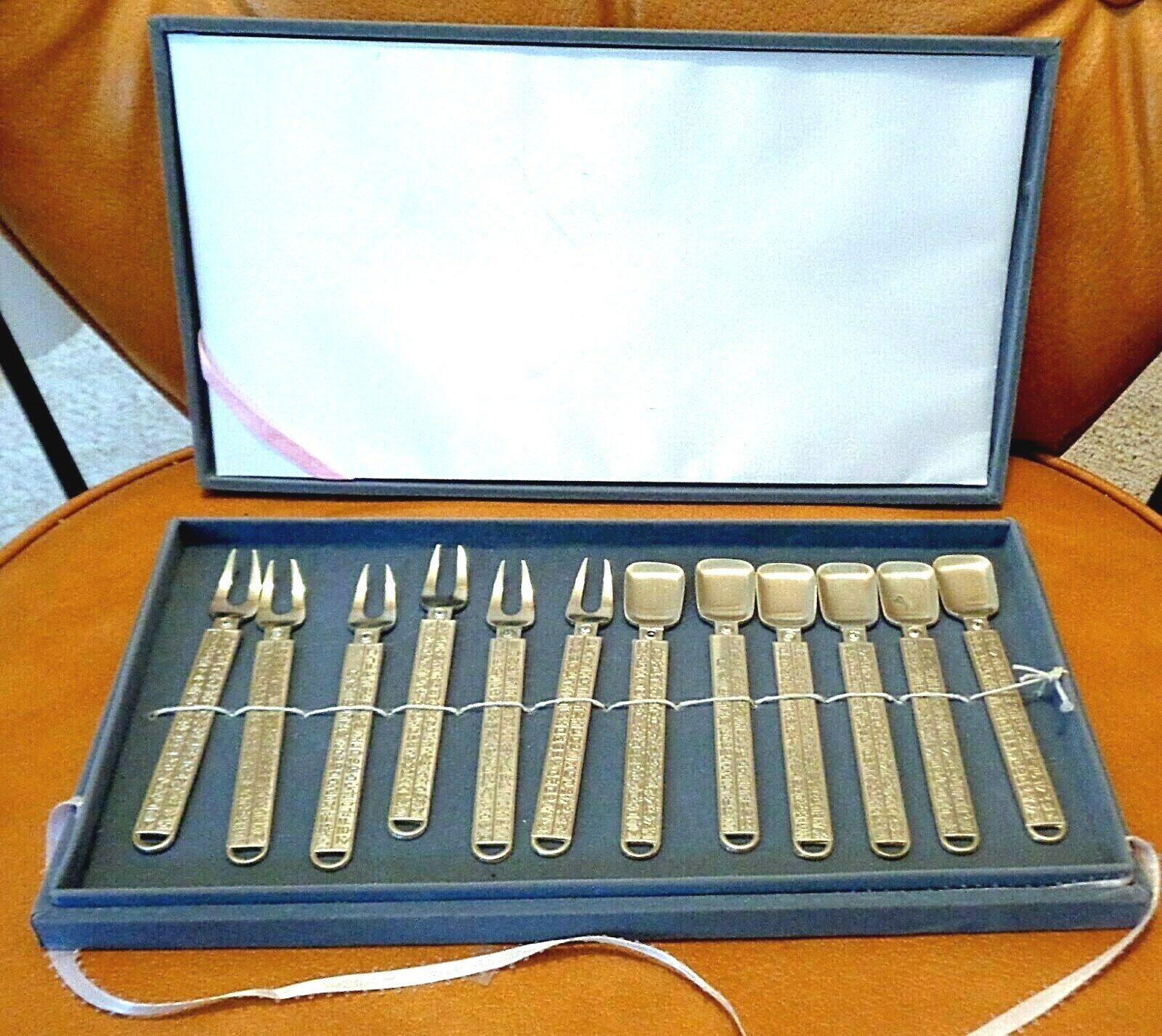 Korea"s Folk Metal Arts Tea Spoon Set / 6 Forks & 6 Spoons / Original Box