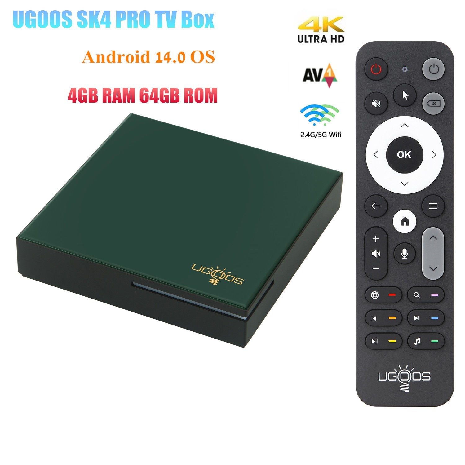 UGOOS SK4 PRO TV Box Android 14 4G 64G WiFi 100M BT5.4 AV1 VP9 H.265 4K HDR Box