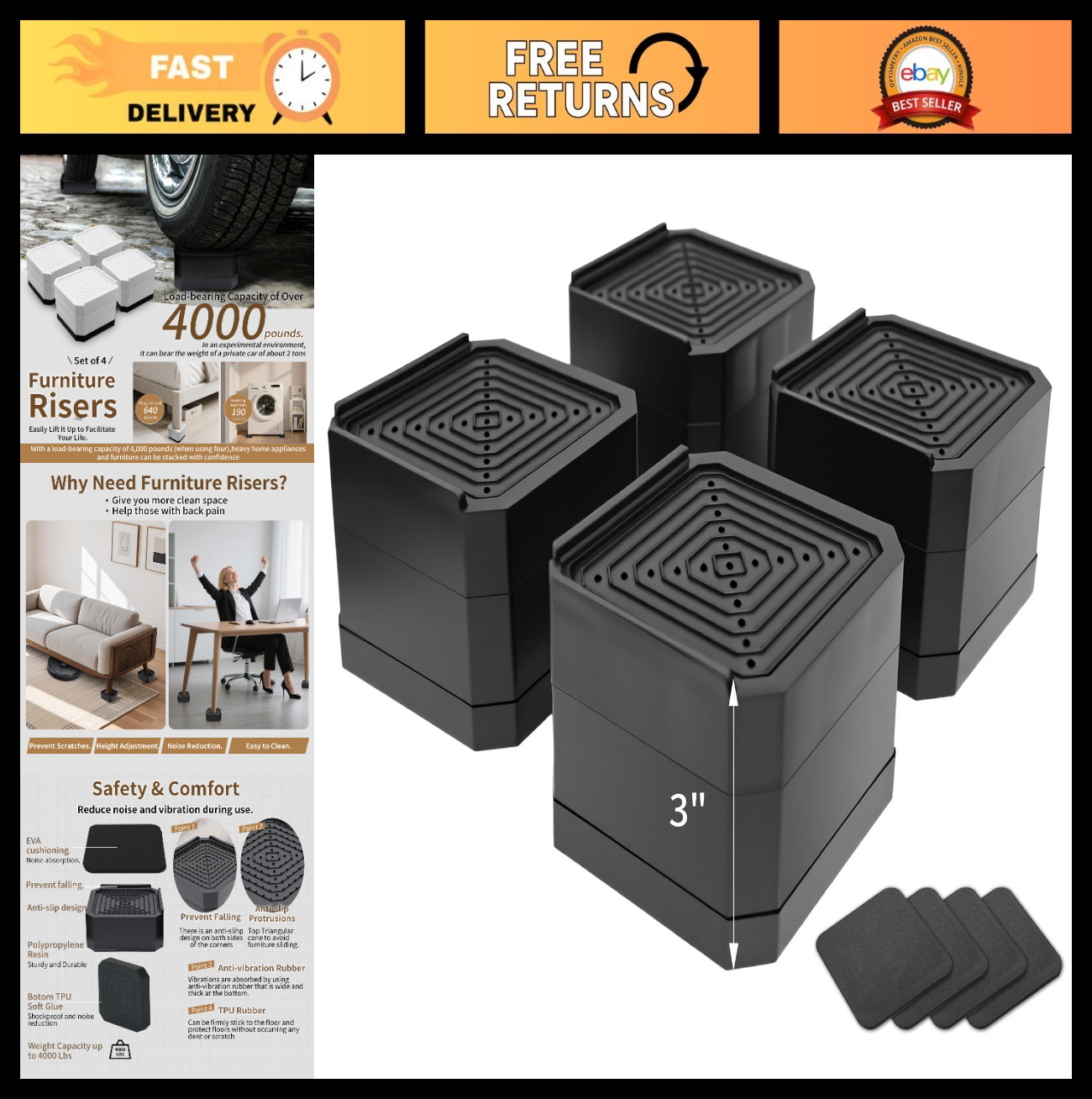 Heavy Duty Bed Risers 4 Pack - Adjustable Furniture Lift Blocks for Sofa, Desk,