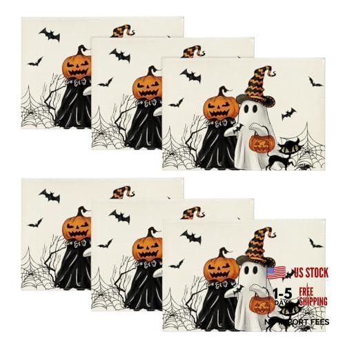 Ghost Spider Web Halloween Placemats 12" x 18", Rectangular 6 Pcs Black/Beige