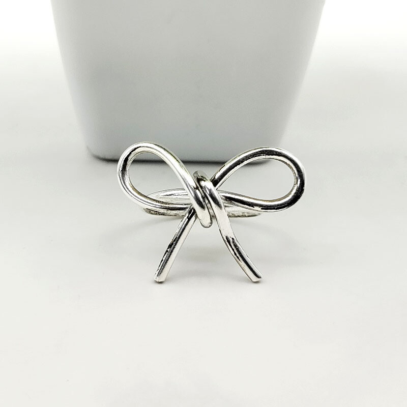 Real 925 Sterling Silver Ribbon Bow Solid Women's Ring Gift for her